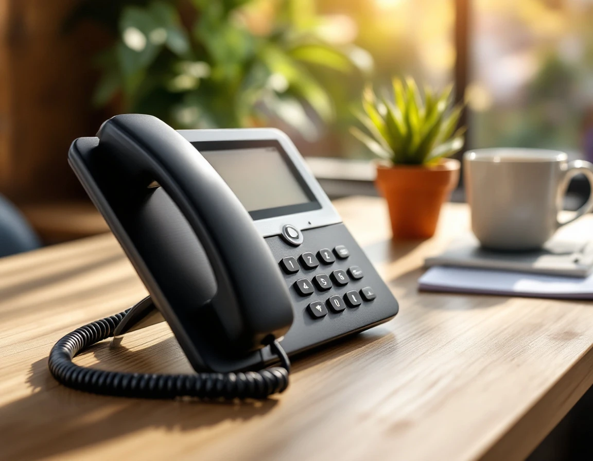 Professional VoIP business phone on office desk with natural lighting and organized workspace accessories