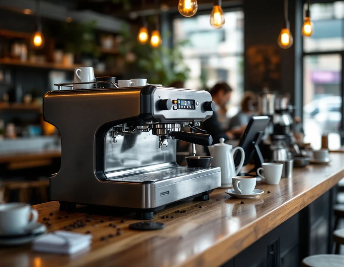 Coffee shop counter with commercial espresso machine and automated order management technology