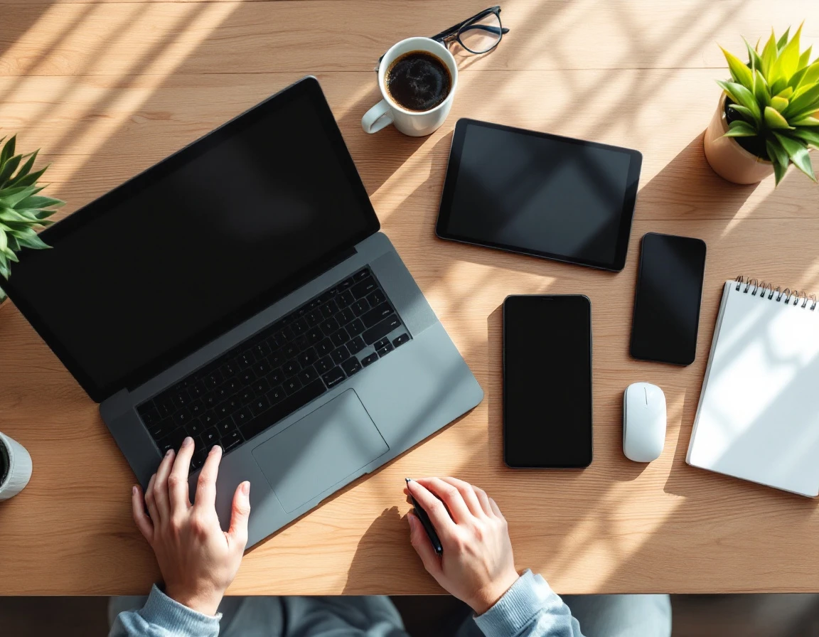Overhead view of organized small business workspace with technology devices, coffee, and plants