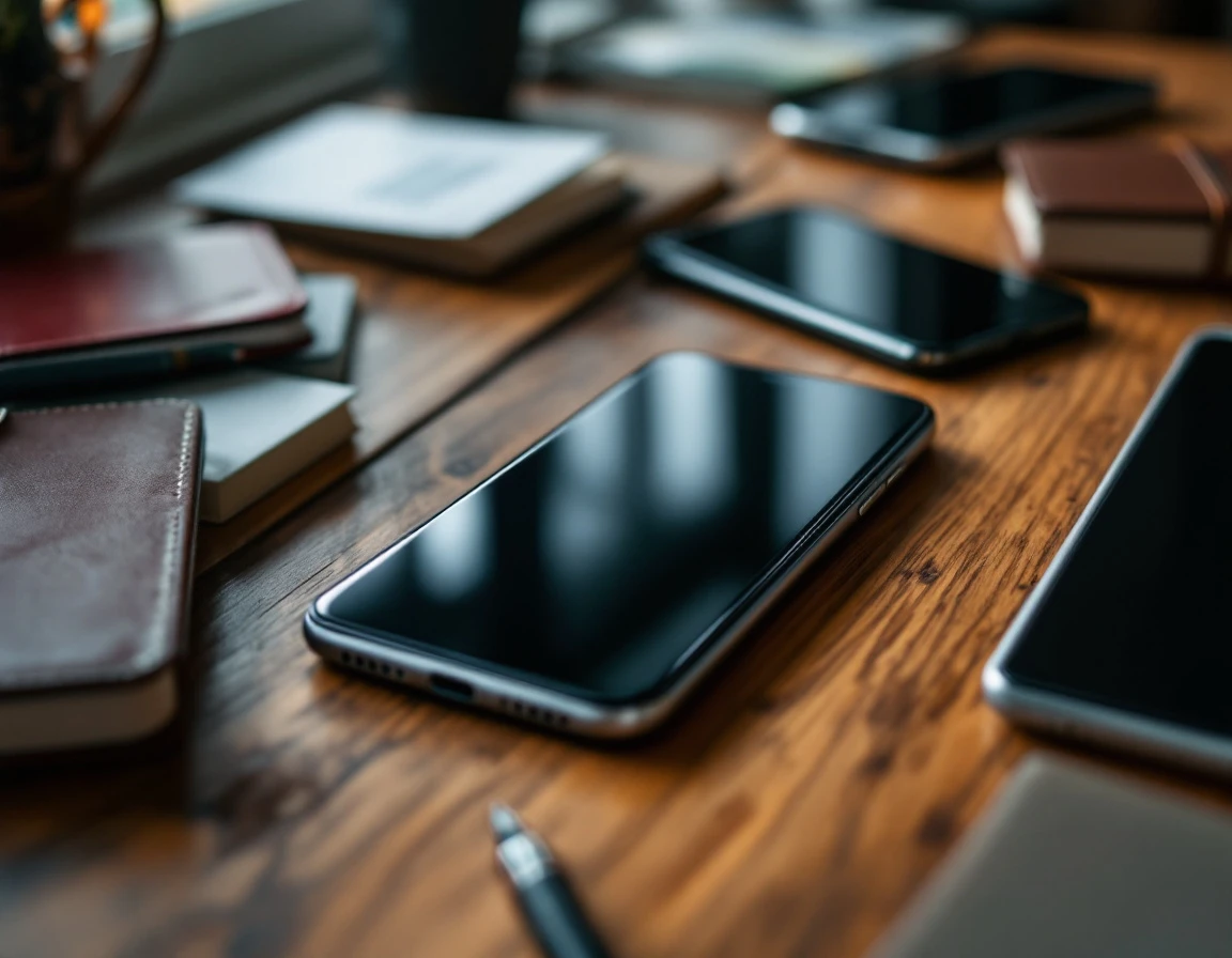 Multiple smartphones and tablets scattered across a wooden desk with business materials