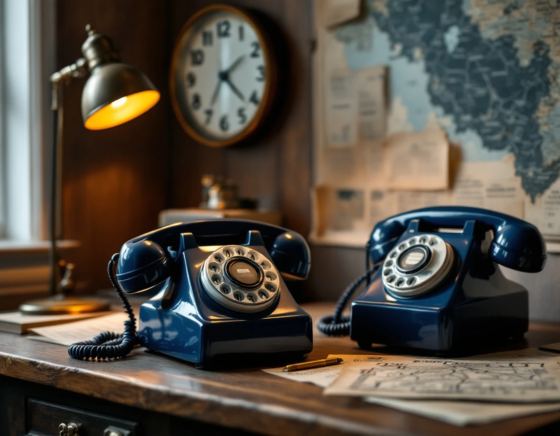 Two vintage blue rotary telephones on a wooden desk in soft focus, evoking mid-century business communication