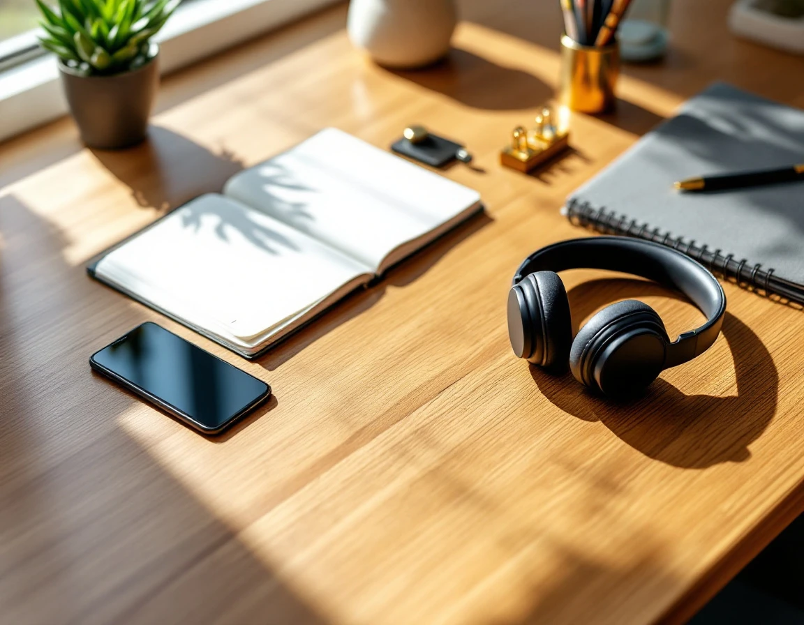 Organized business workspace with headset, phone, and planning materials on oak desk