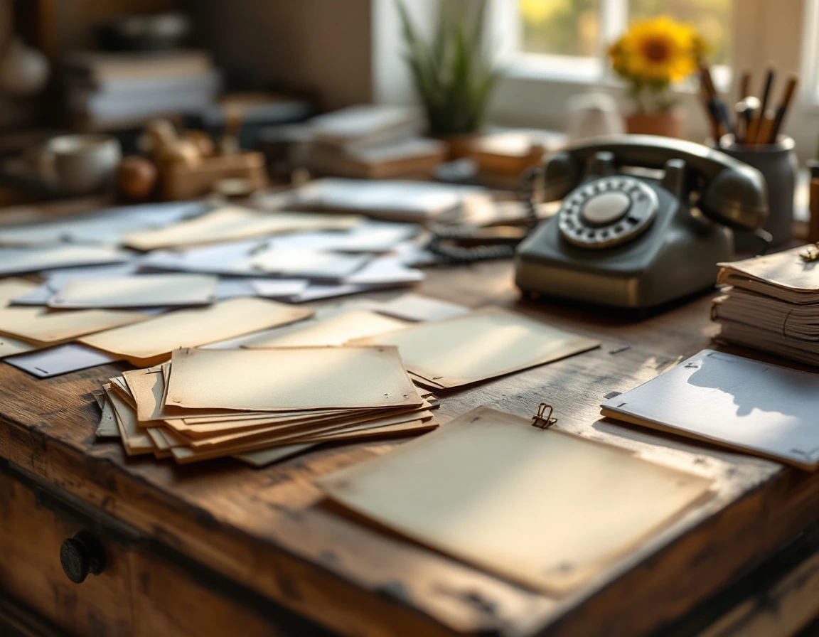 Workshop desk with scattered planning materials and business tools in natural morning light