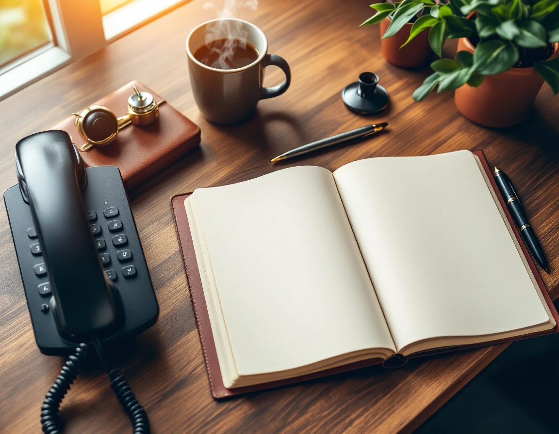 Professional business phone workspace with headset, coffee, and notebook arranged on wooden desk