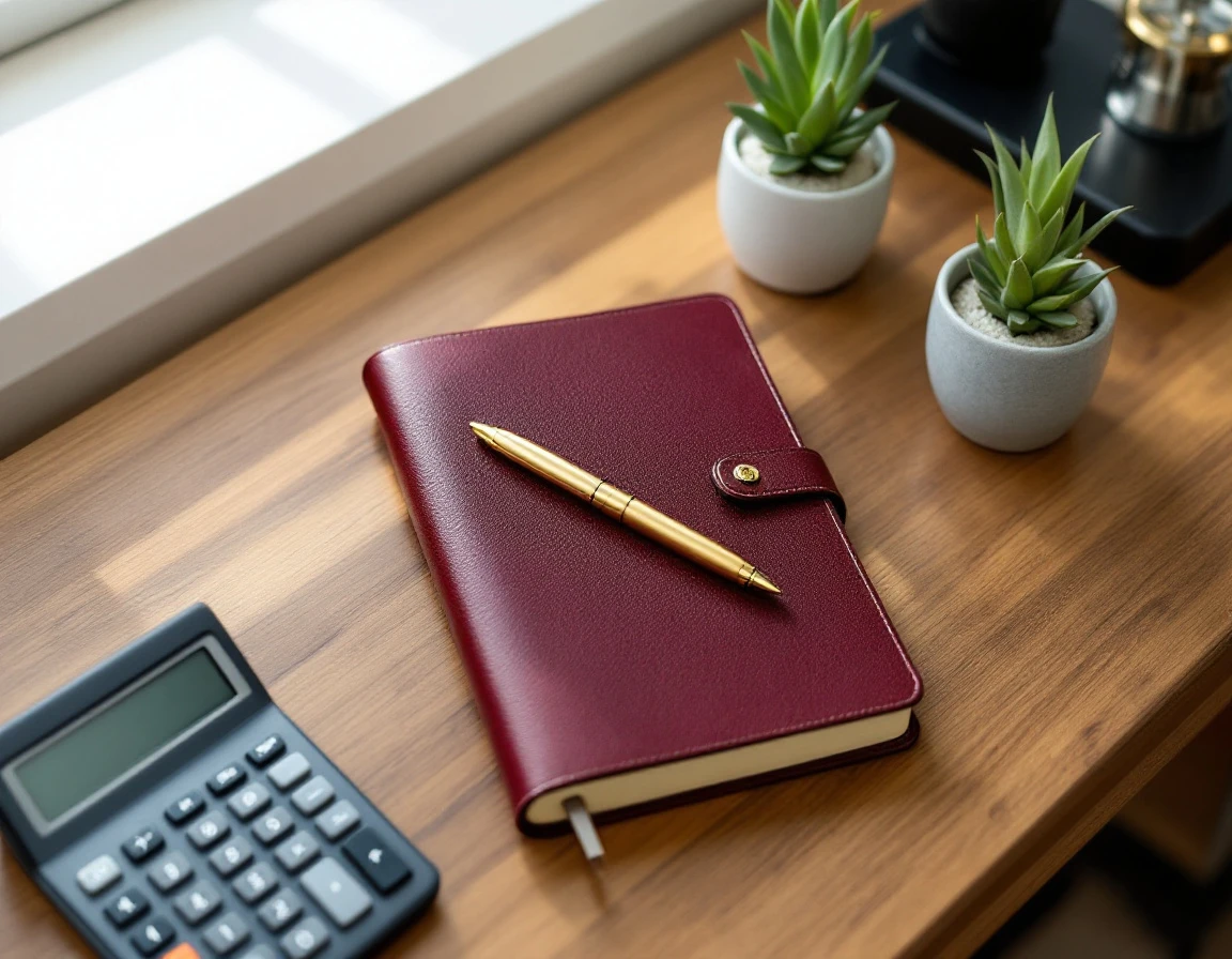 Business desk with burgundy leather journal, brass pen, succulents, and calculator for holiday planning