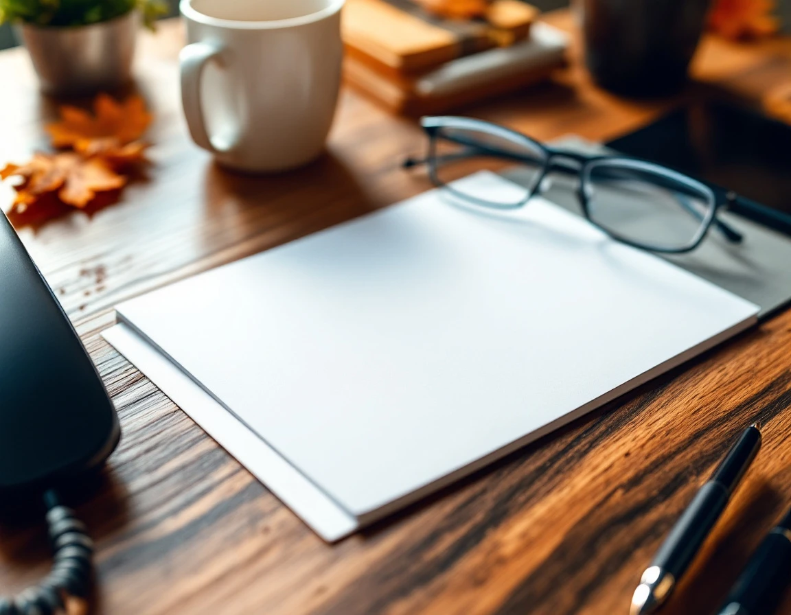 Professional desk with notepad, phone, and planning materials for preparing business communications