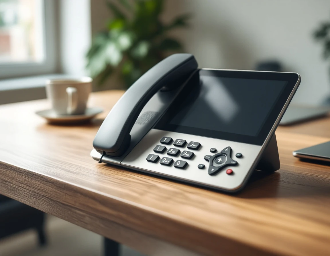 VoIP desk phone on wooden office table with blurred keypad showing modern business communication hardware
