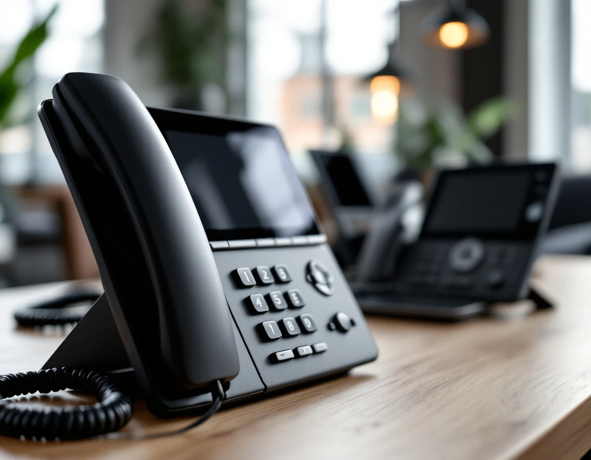 Modern VoIP desk phones with powered-off screens arranged in office workspace with shallow depth of field