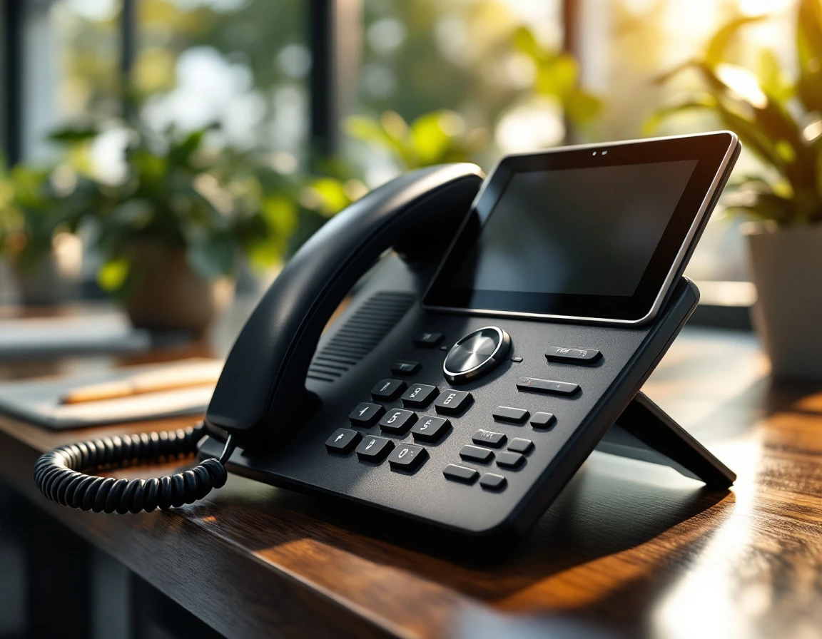 IP office telephone with coiled handset on wooden desk in naturally lit workspace