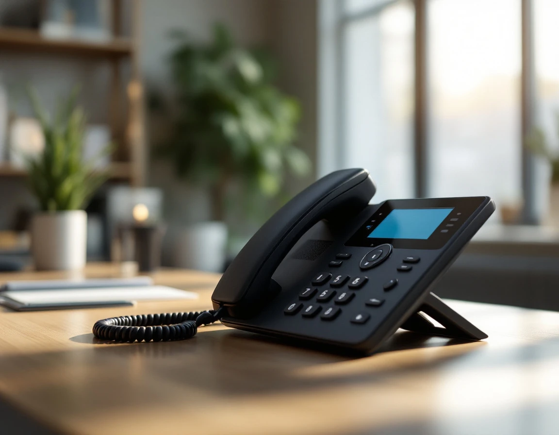 Business telephone on professional office desk with natural window lighting and soft focus background