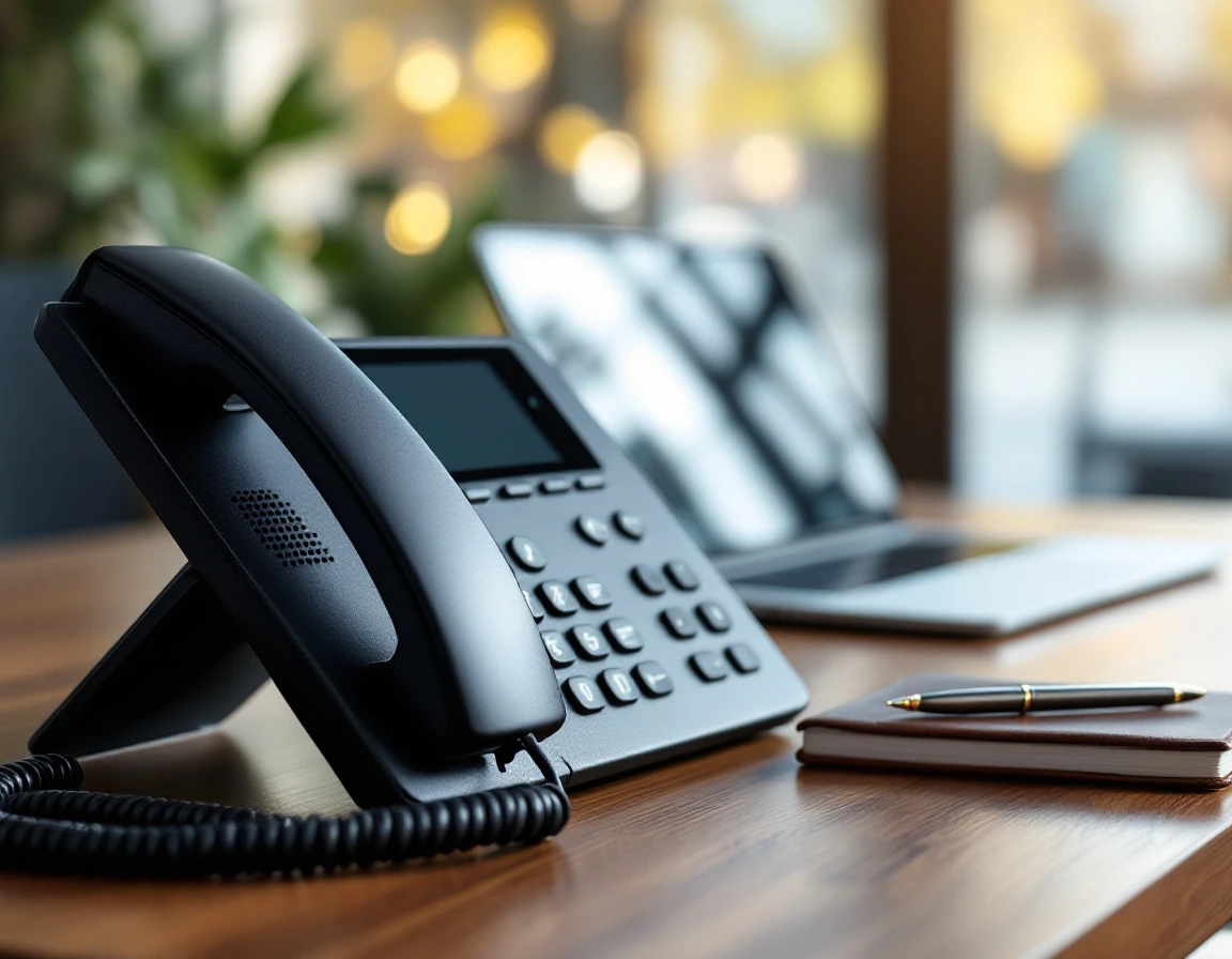Business phone system on office desk with laptop blurred in background