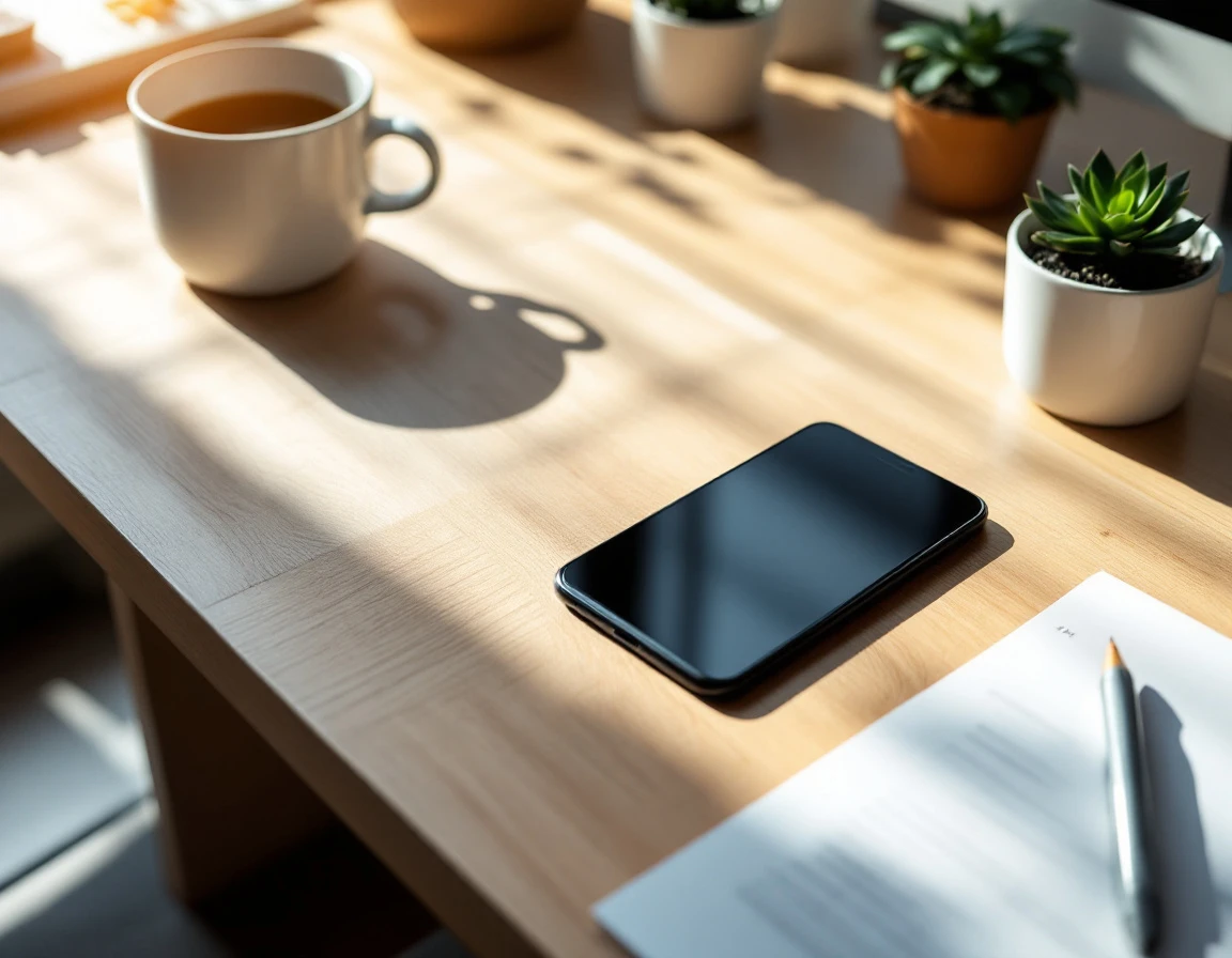 Business desk with phone, calculator, and financial planning tools in natural morning light