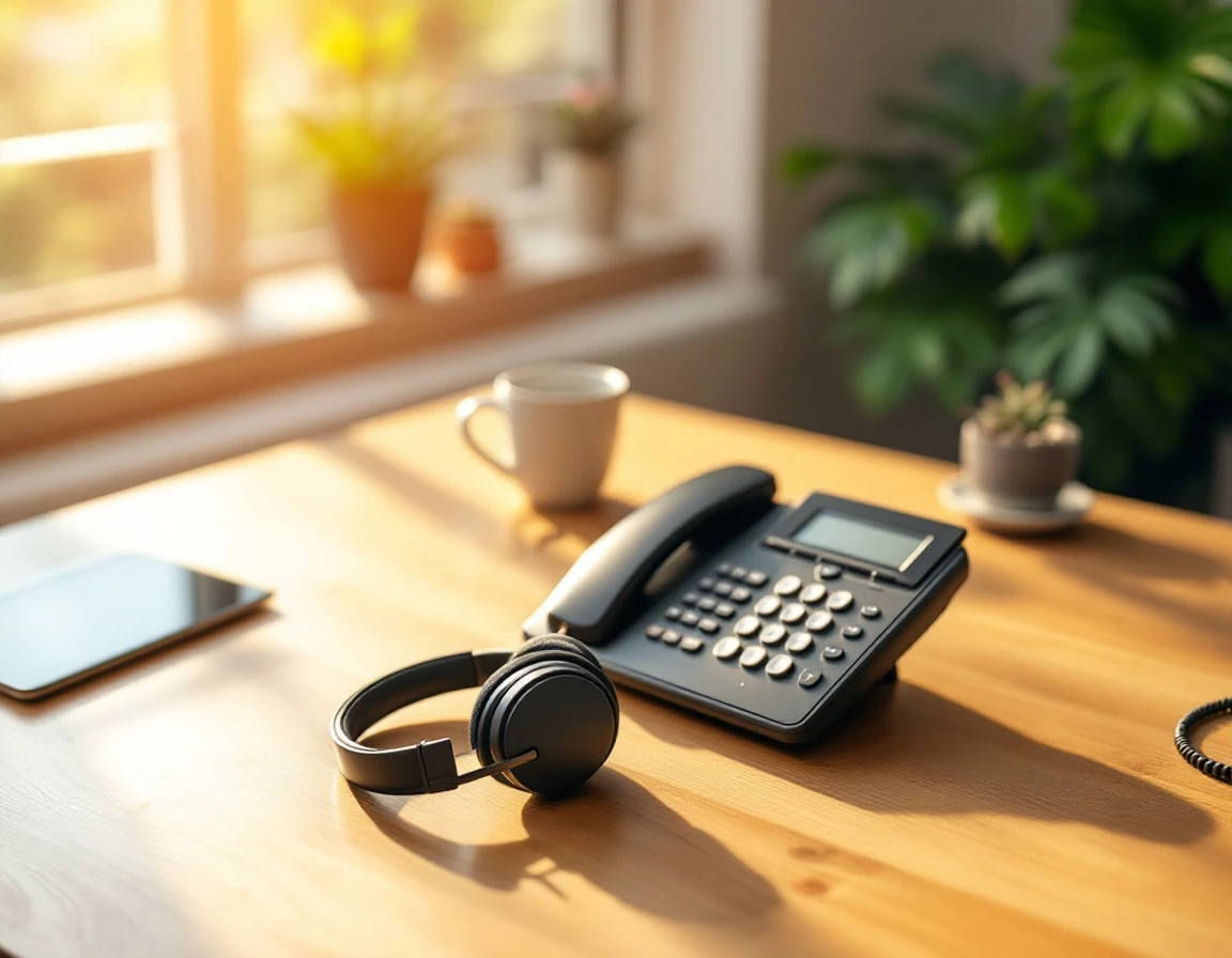 Clean office desk with headset, telephone, and coffee mug in warm natural lighting
