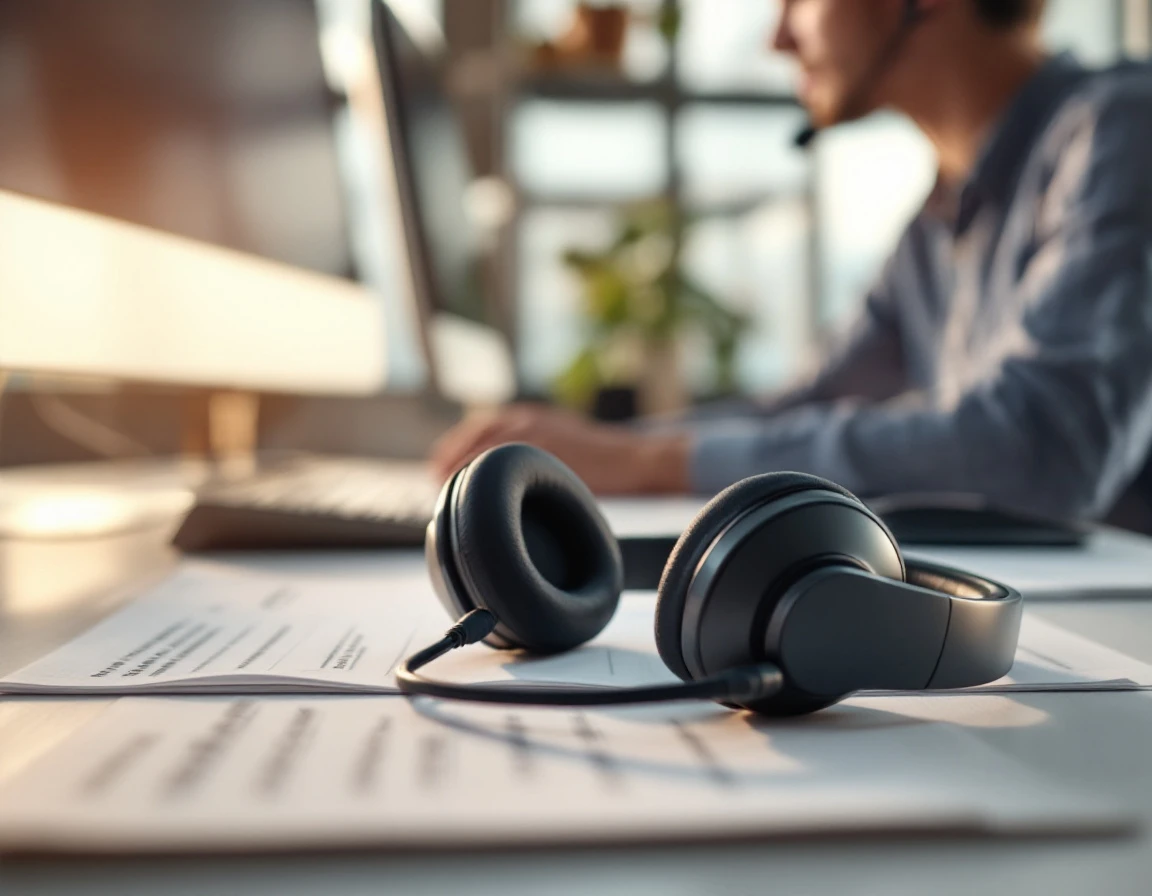 Call center headset and keyboard on desk with staffing preparation notes in natural office lighting