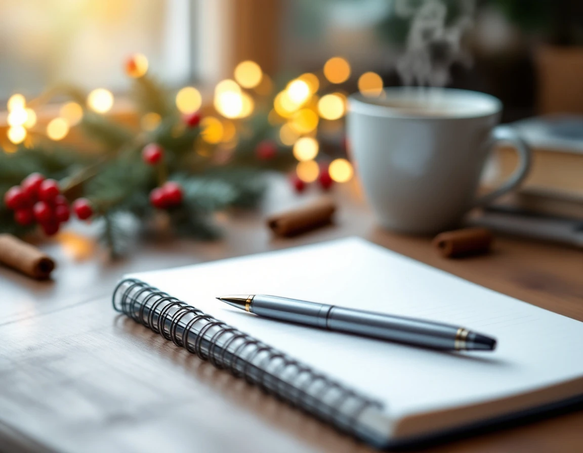 Business desk with notepad, pen, and holiday decorations suggesting seasonal planning and preparation