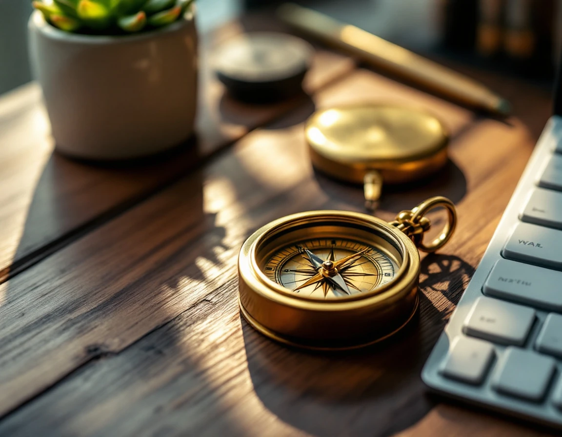 Brass compass on wooden desk with keyboard and succulent plant in soft natural lighting