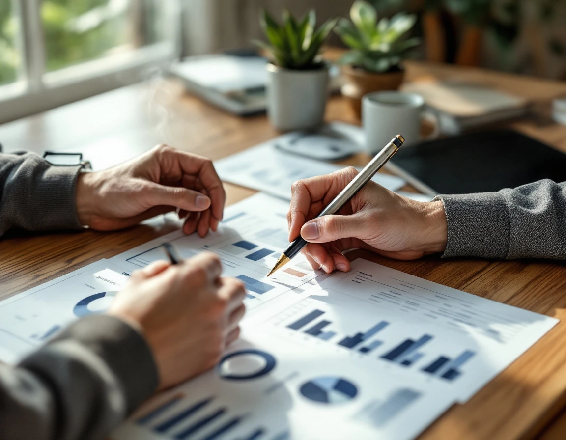 Business owner reviewing financial reports and analytics charts at wooden desk with coffee and plants