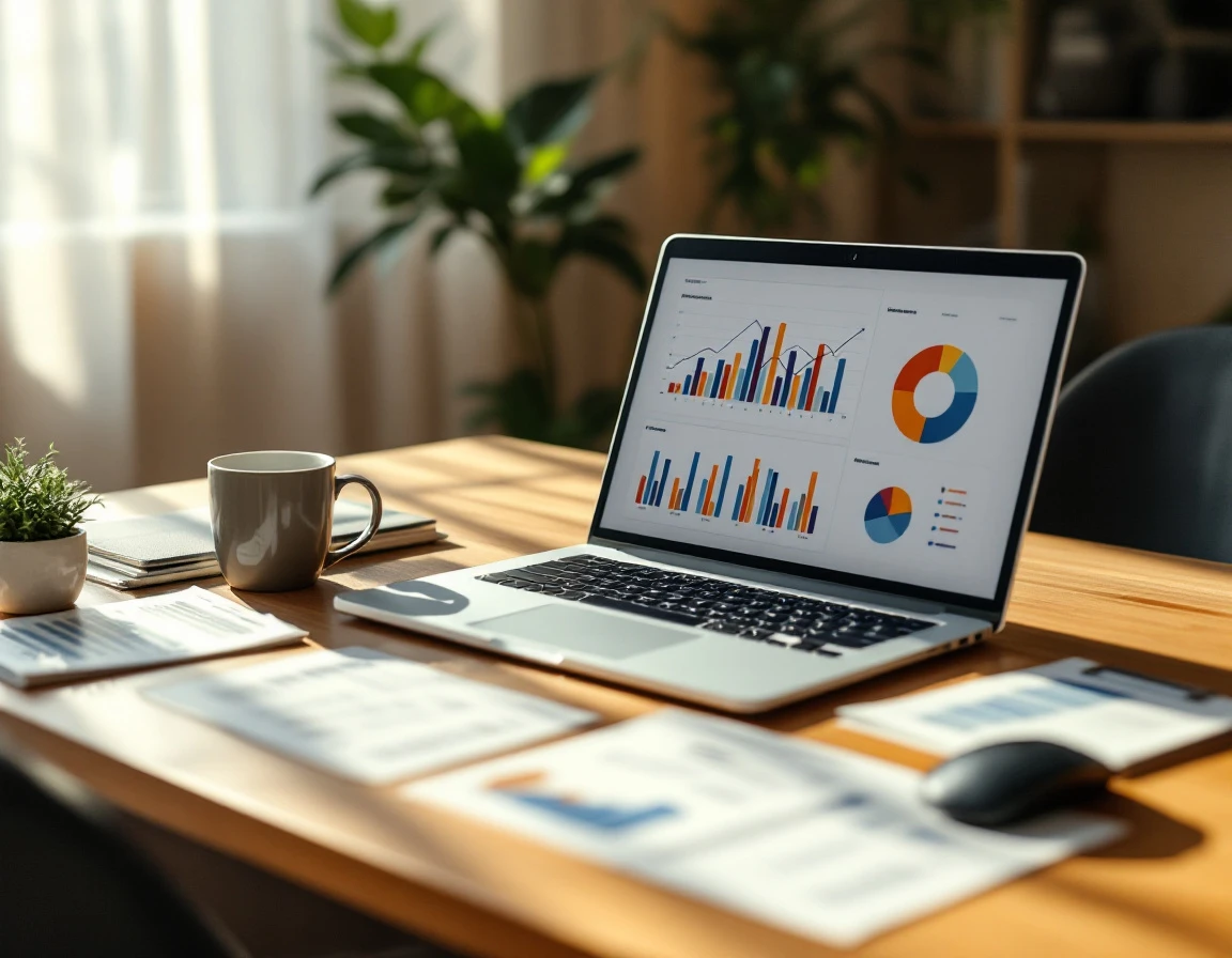 Home office desk with laptop showing business analytics charts and calculator for ROI calculations