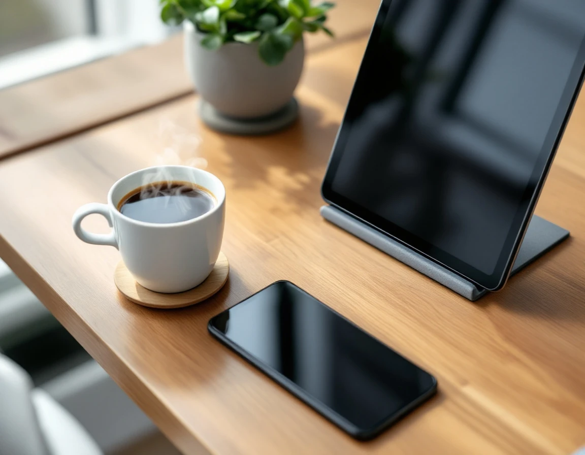 Modern business desk with smartphone, tablet stand, coffee cup, and succulent plant in natural lighting