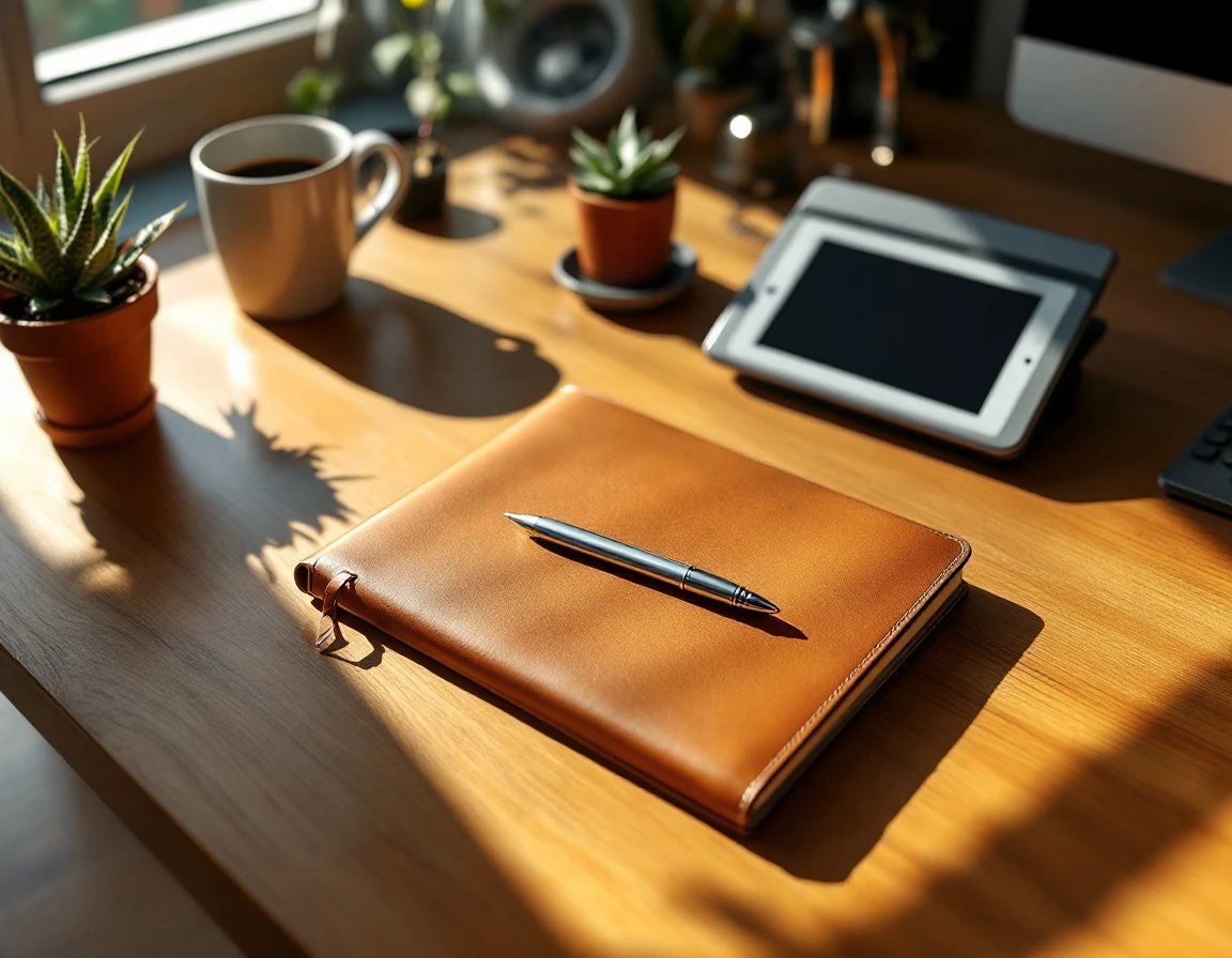 Professional desk workspace with phone, notebook, coffee, and succulents in natural sunlight