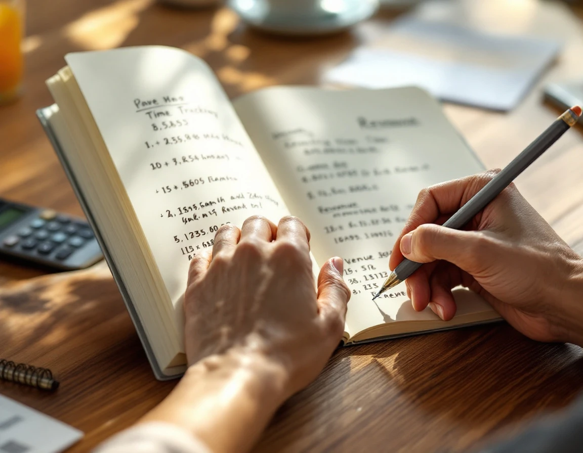 Hands writing revenue calculations in notebook on wooden desk with natural window lighting