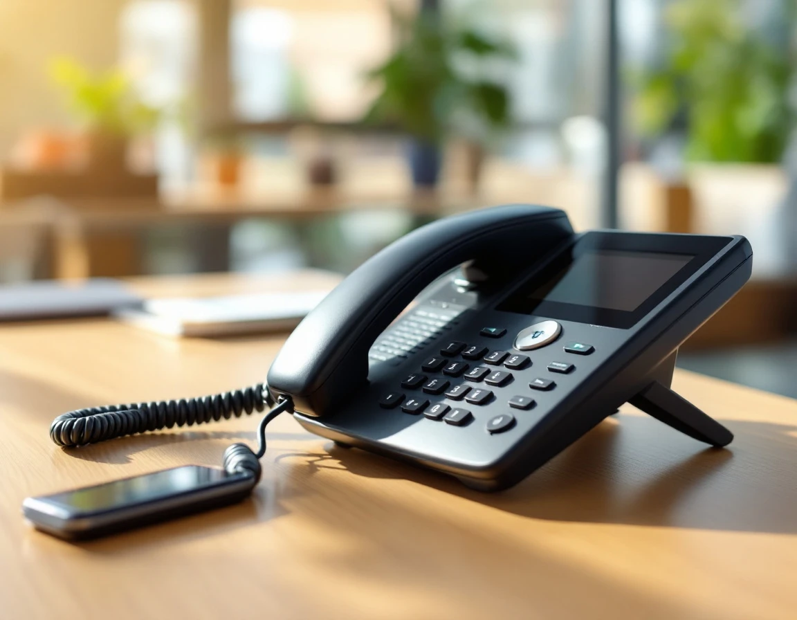 Business phone handset on desk with natural lighting showing immediate accessibility for customer calls