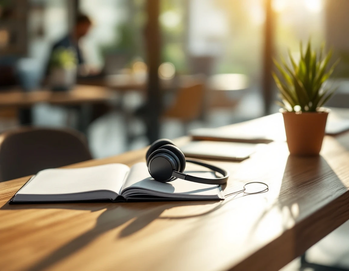 Professional wireless headset on modern business reception desk with natural lighting