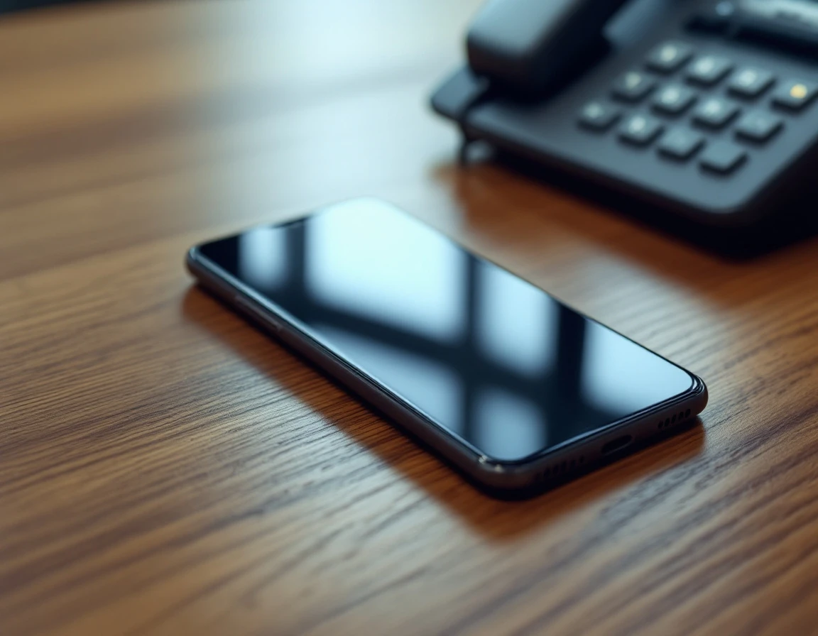 Modern smartphone and business phone handset on wooden desk with natural lighting