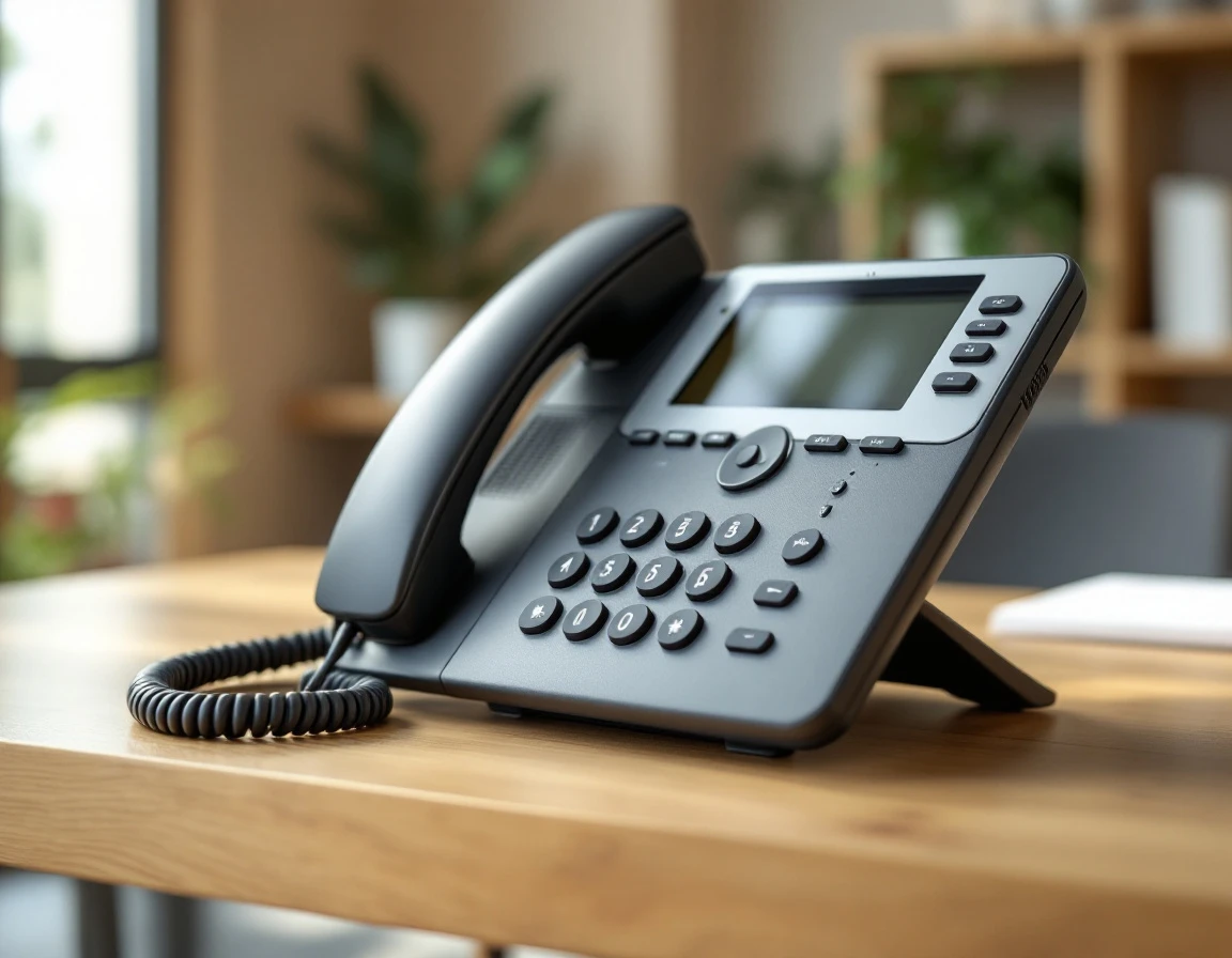Modern office desk phone on wooden surface with natural window lighting