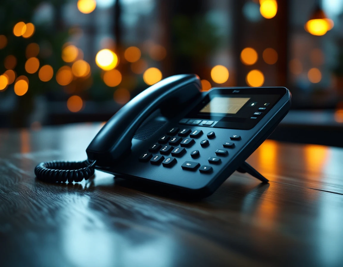 Black business desk phone on wooden surface with warm office lighting in background