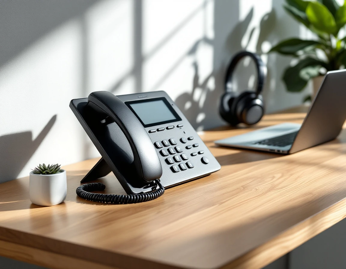 Modern office desk with phone system and headset representing AI receptionist technology