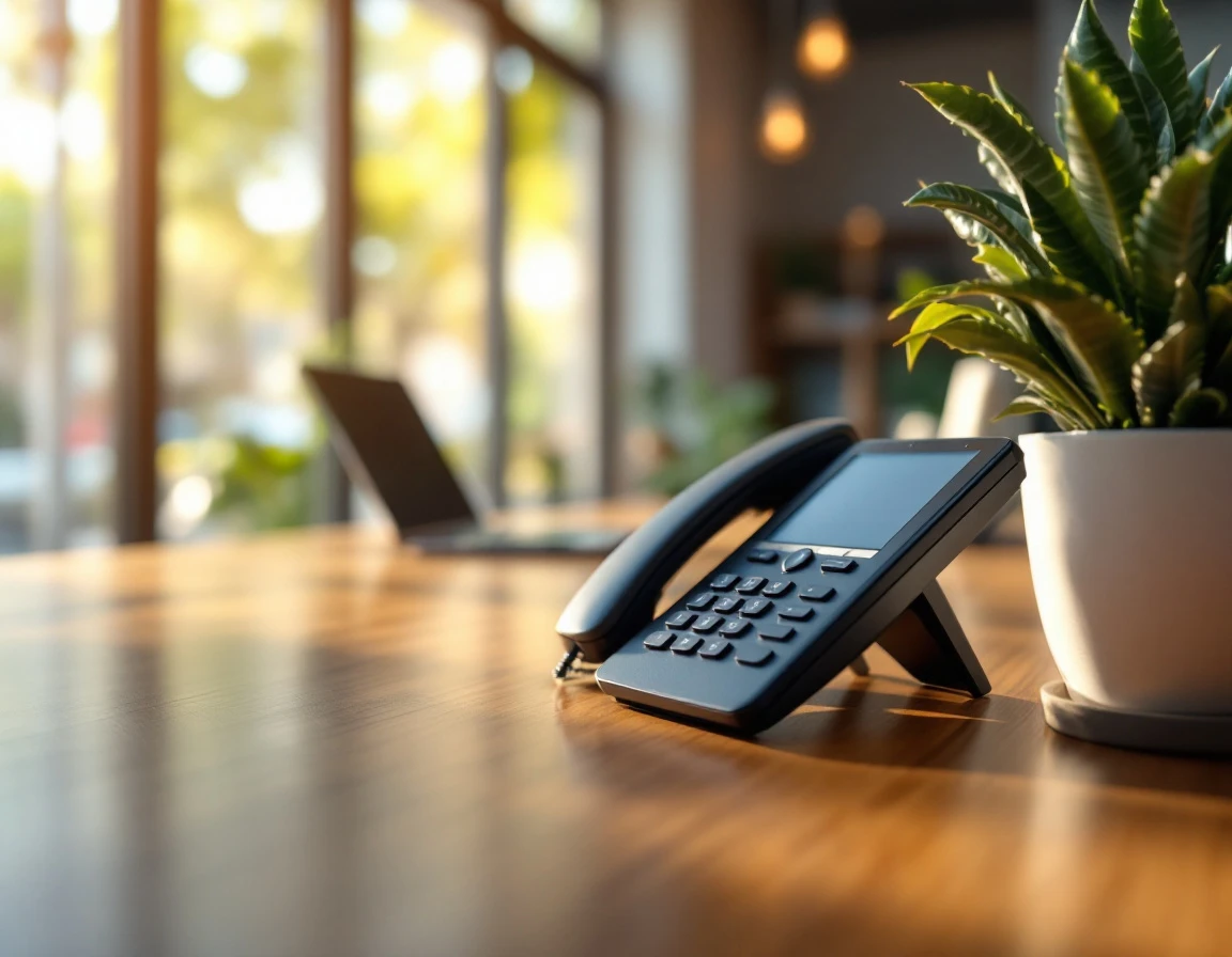 Modern reception desk with phone and plant in natural morning light
