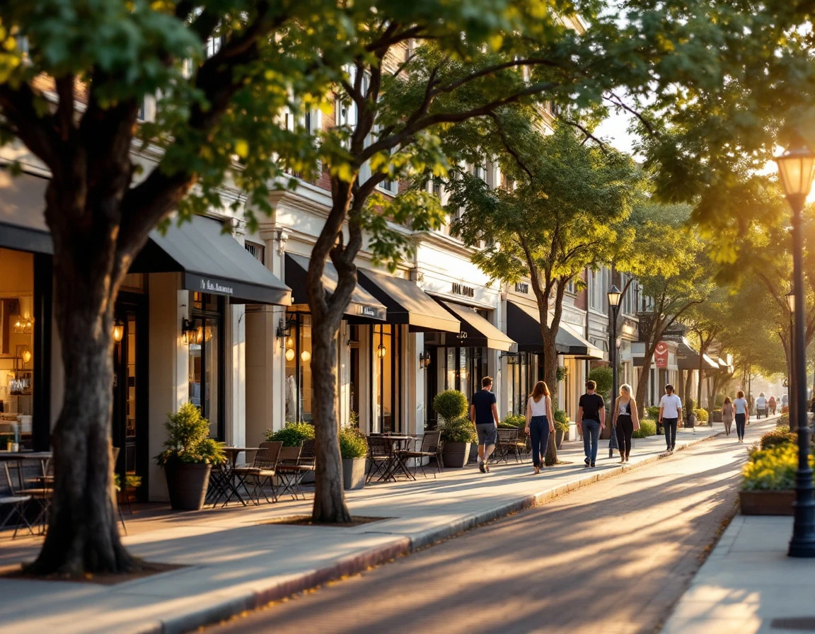 Golden hour street scene showing pedestrians walking past upscale small business storefronts with outdoor seating