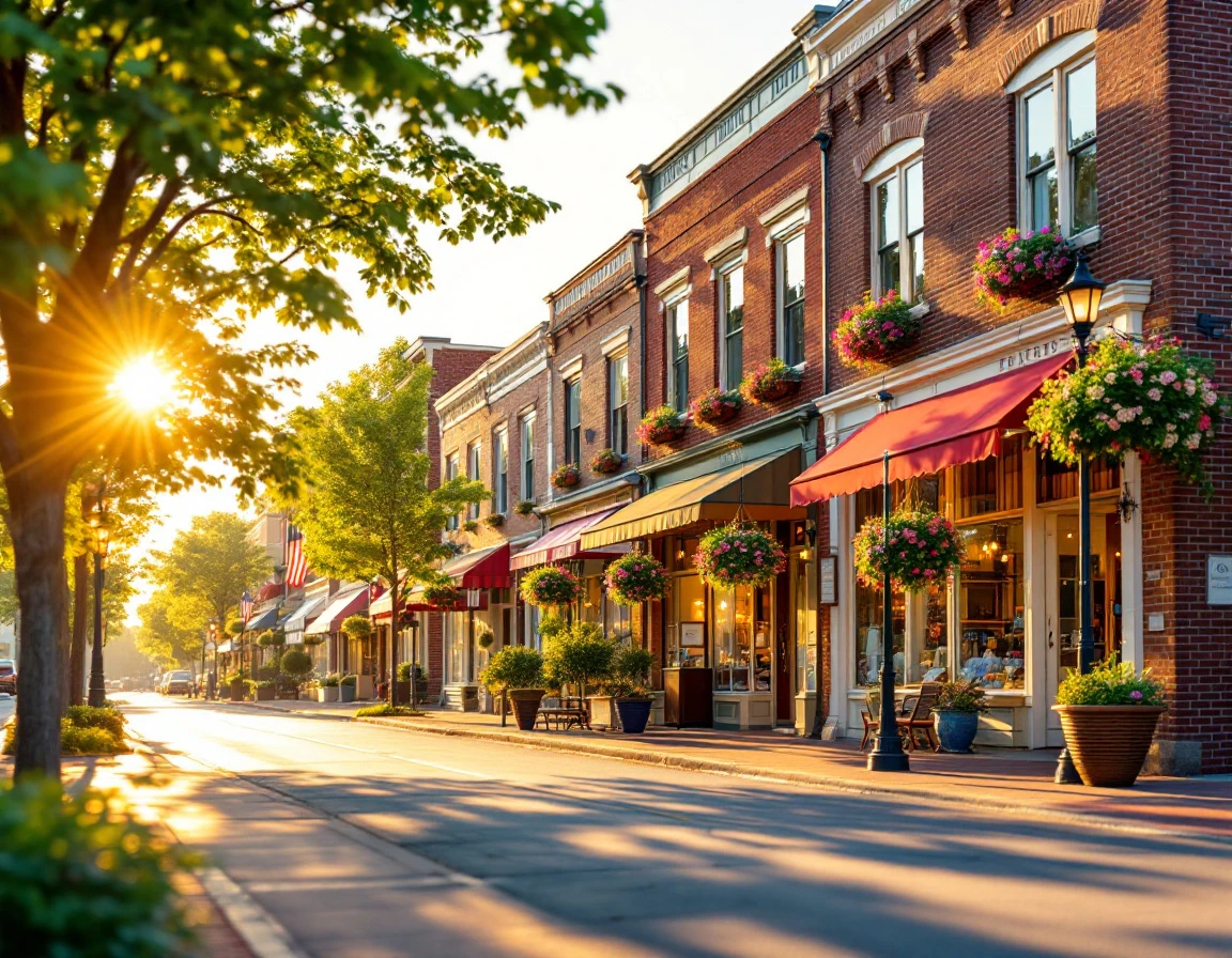Inviting small-town main street with brick storefronts and warm golden hour lighting