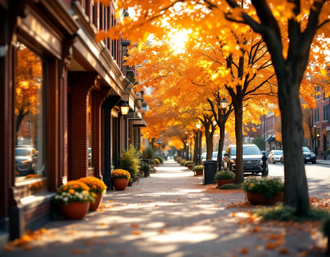 Tree-lined autumn street with small business storefronts and seasonal foliage in warm afternoon light