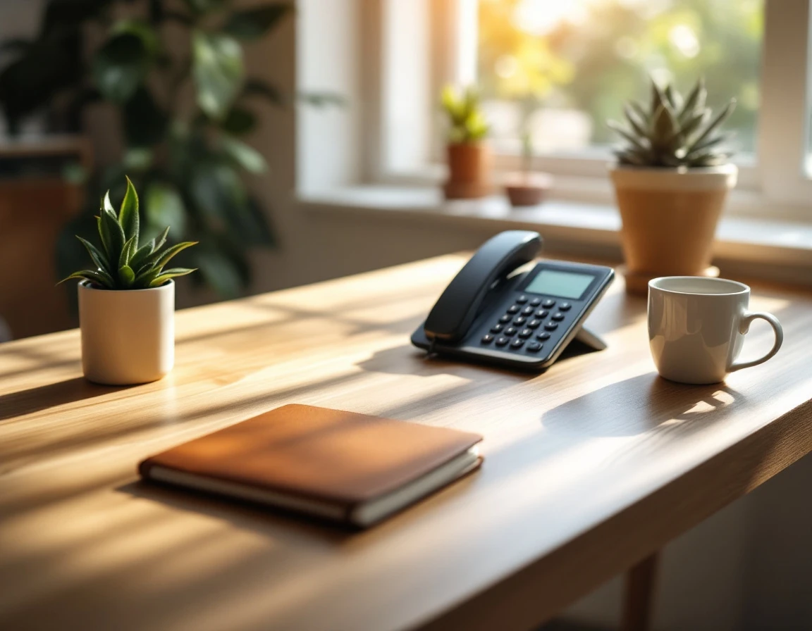Uncluttered office desk with cordless phone and closed notebook in natural window light