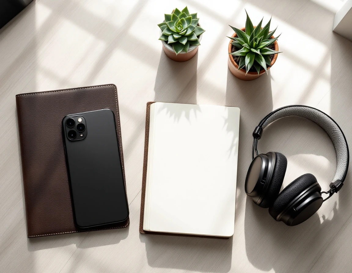 Modern smartphone and headphones on desk with succulent plants in natural window light
