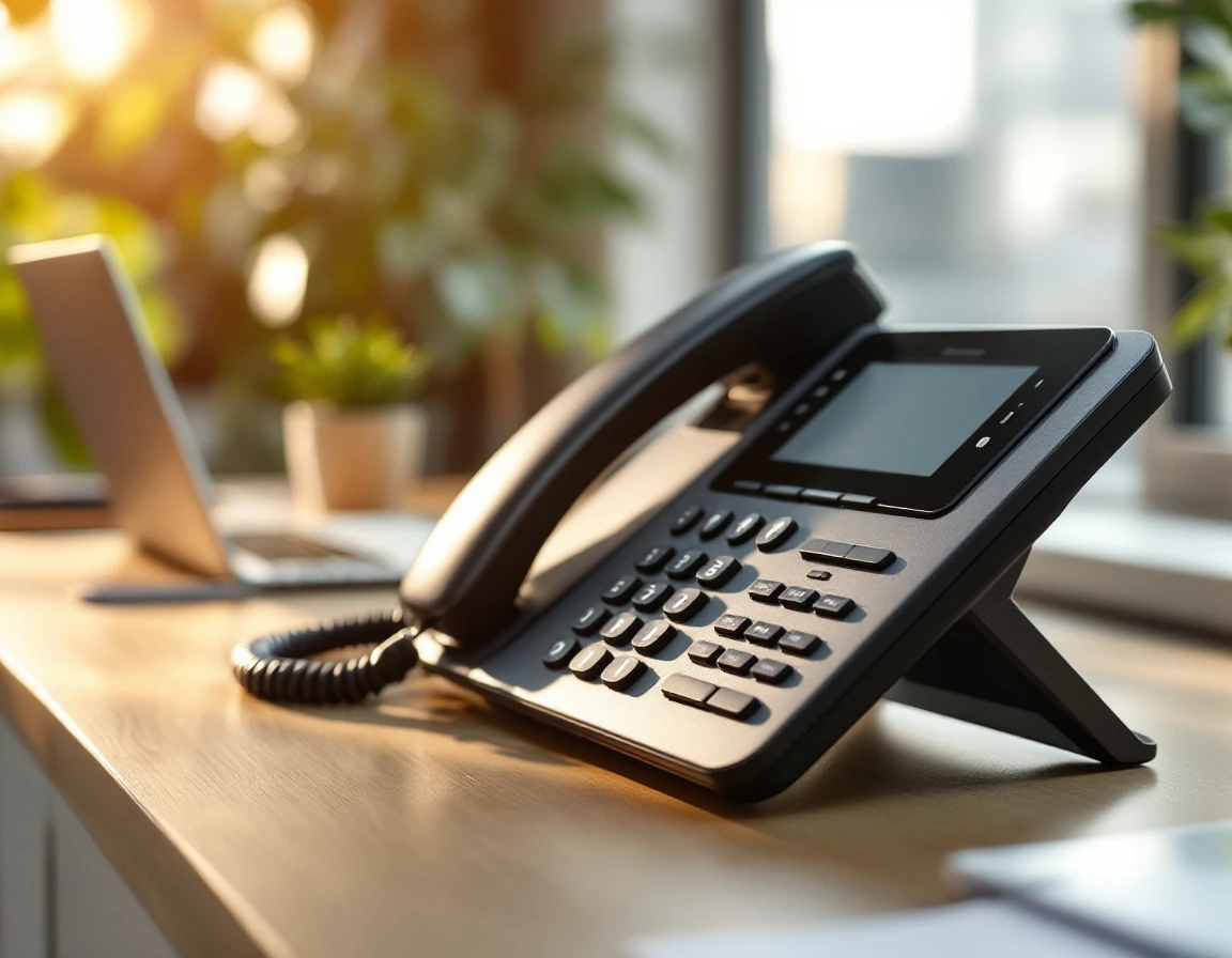 Modern desk phone system on wooden workspace with natural window lighting