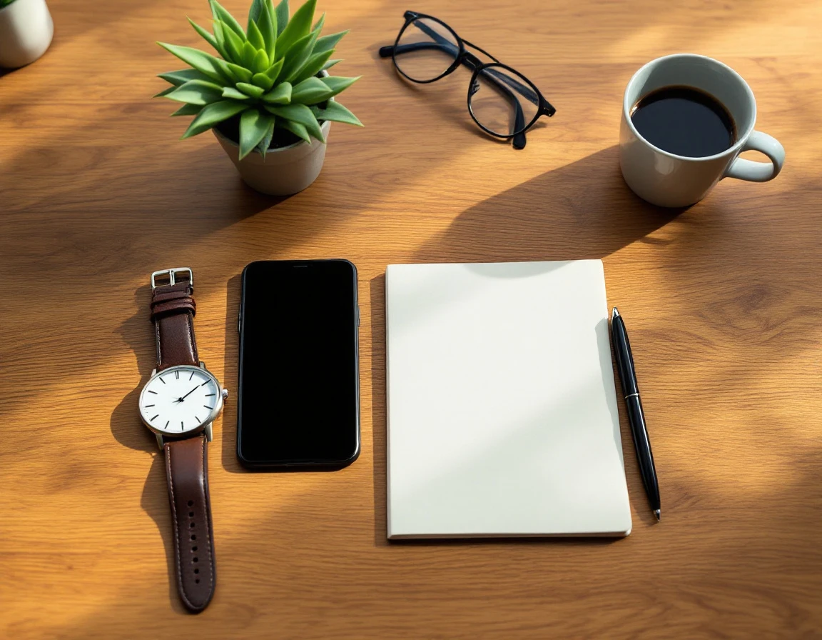 Professional desk workspace with watch, blank smartphone, notepad and pen on wooden surface