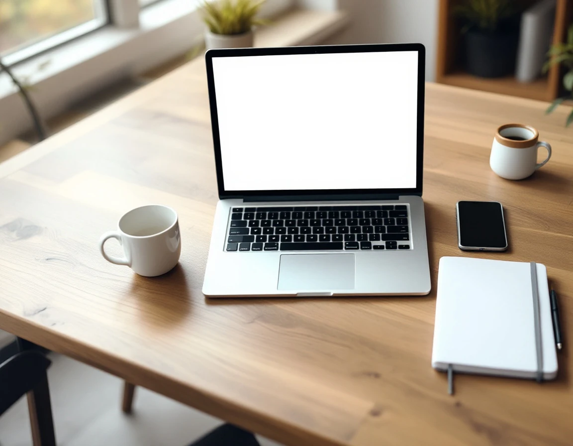 Professional workspace with laptop, coffee, and phone showing ROI calculation environment