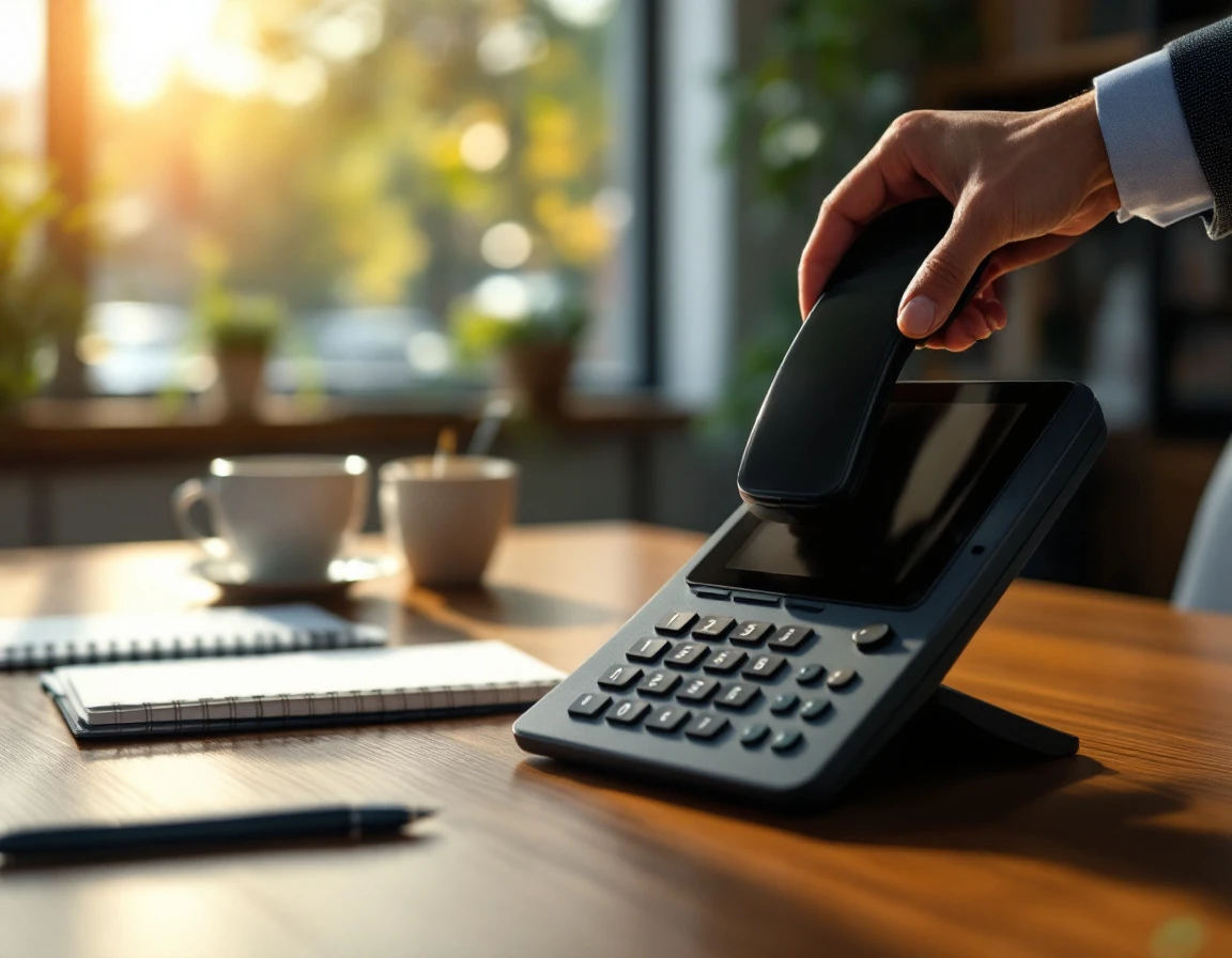 Business desk phone handset lifted mid-call with dark blank screen in office setting