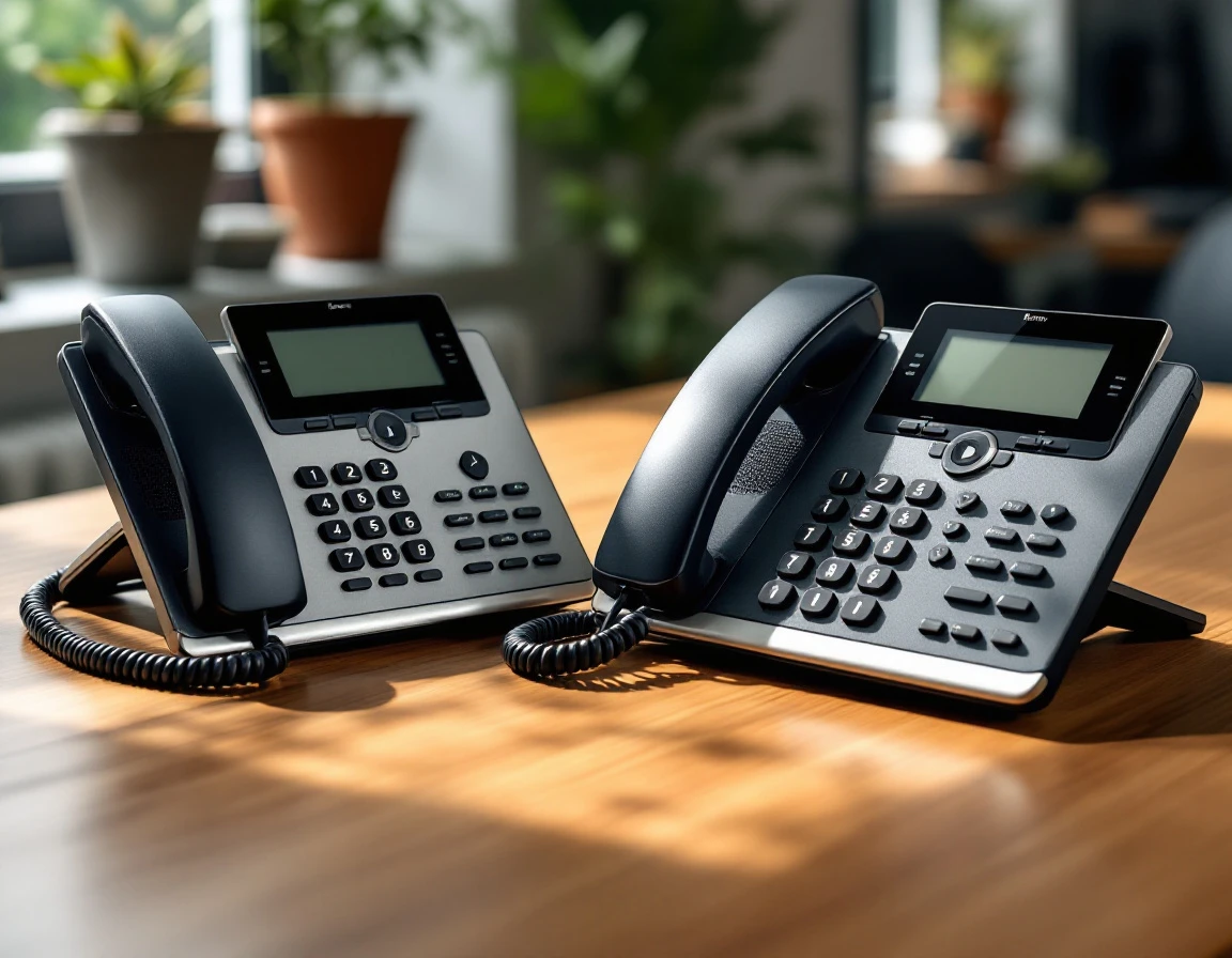 Dual business phone systems on office desk demonstrating backup communication infrastructure