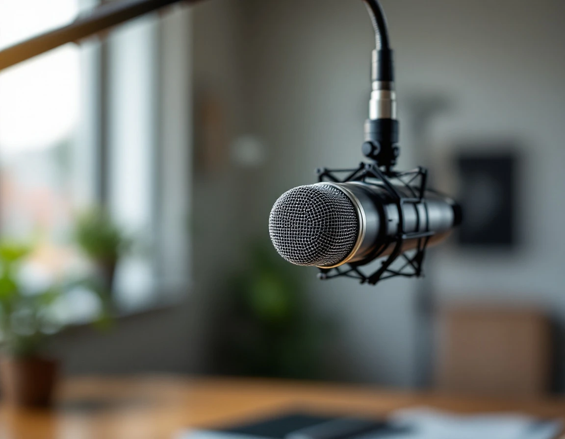 Professional microphone in quiet office workspace ready for greeting message recording