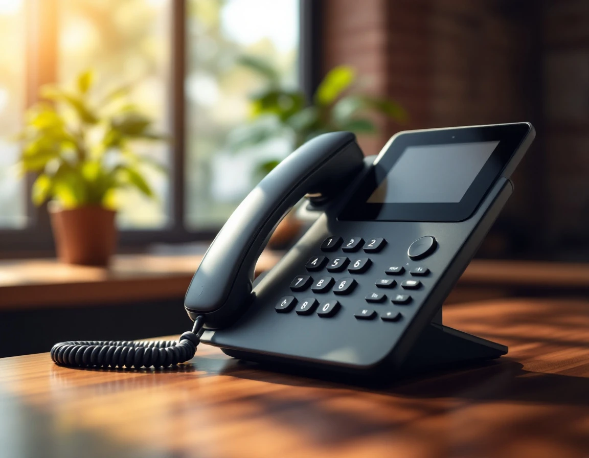 Business desk phone angled on wooden office desk with plant in soft natural lighting