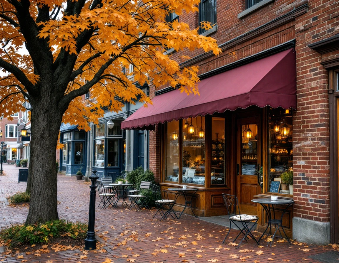 Small business storefront on autumn Main Street with outdoor seating and fall foliage