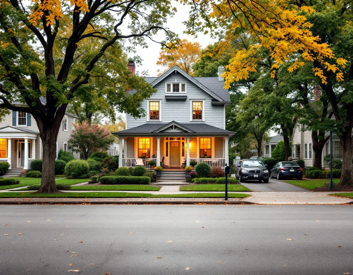 Peaceful suburban street with homes showing active morning business activity through lit windows