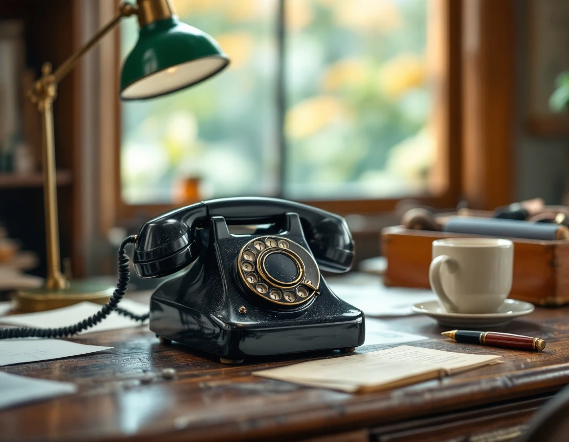 Vintage rotary telephone on cluttered office desk with period-appropriate workspace items