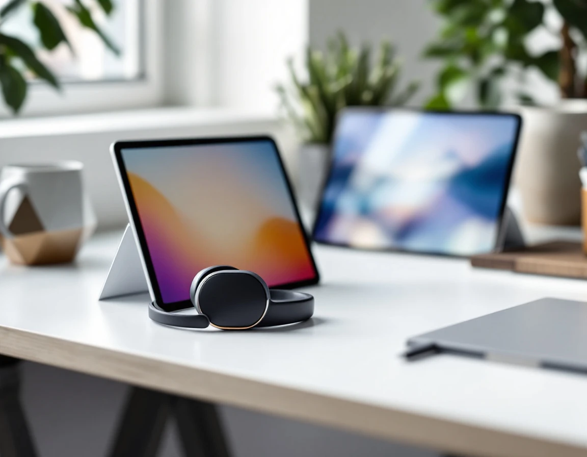 Modern office desk with wireless headset, tablet, and supplies for AI receptionist implementation