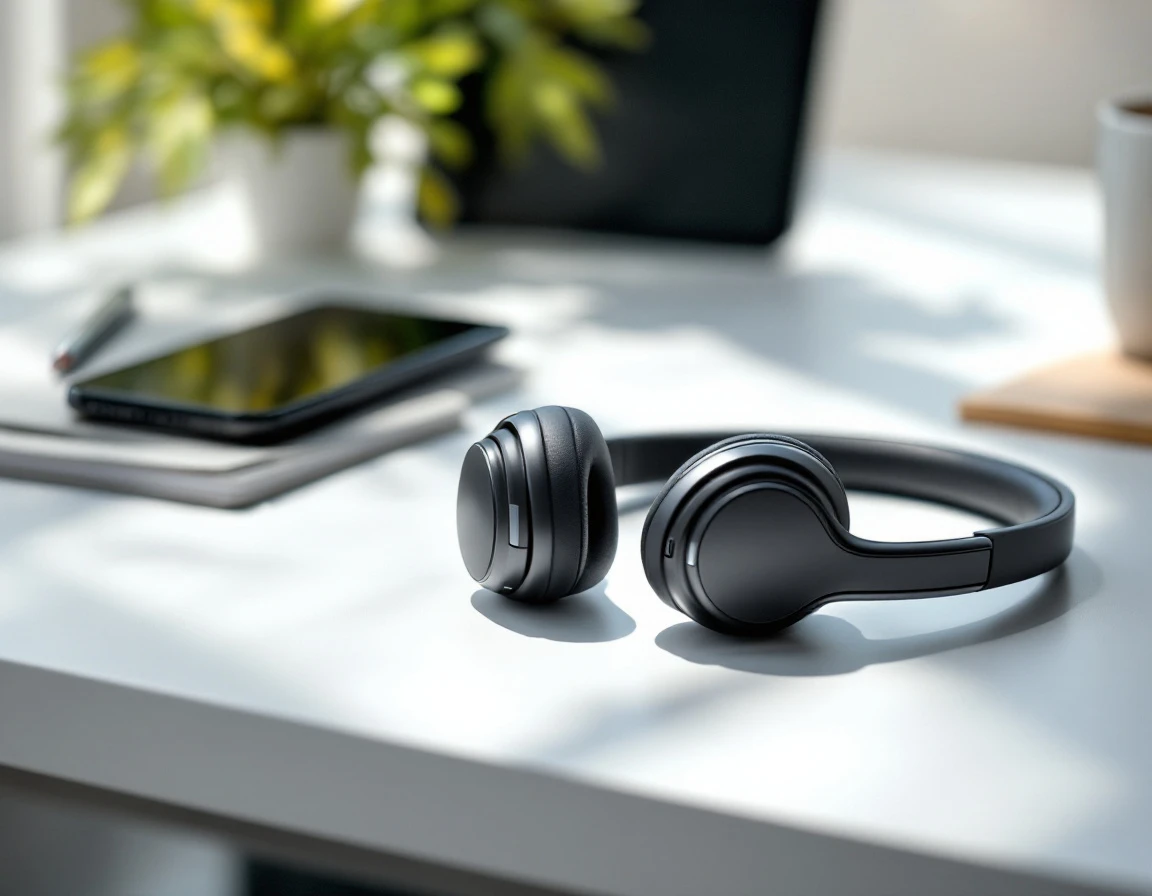 Wireless headset on minimalist office desk with blurred smartphone in background