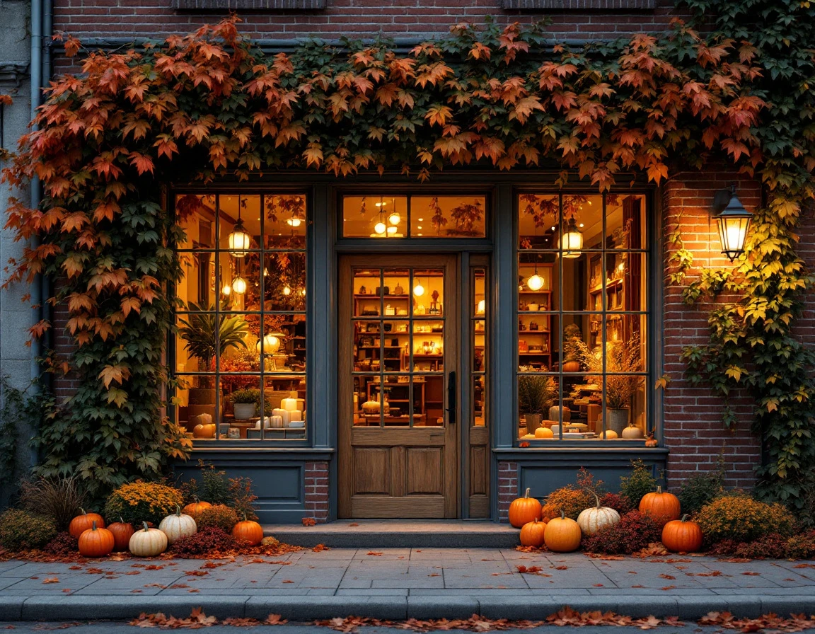Autumn boutique storefront with warm lighting and seasonal decorations during twilight hour
